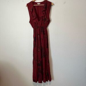I Love Linen Red Butterfly Ruffled Sleeveless Maxi Dress Women's Size Large